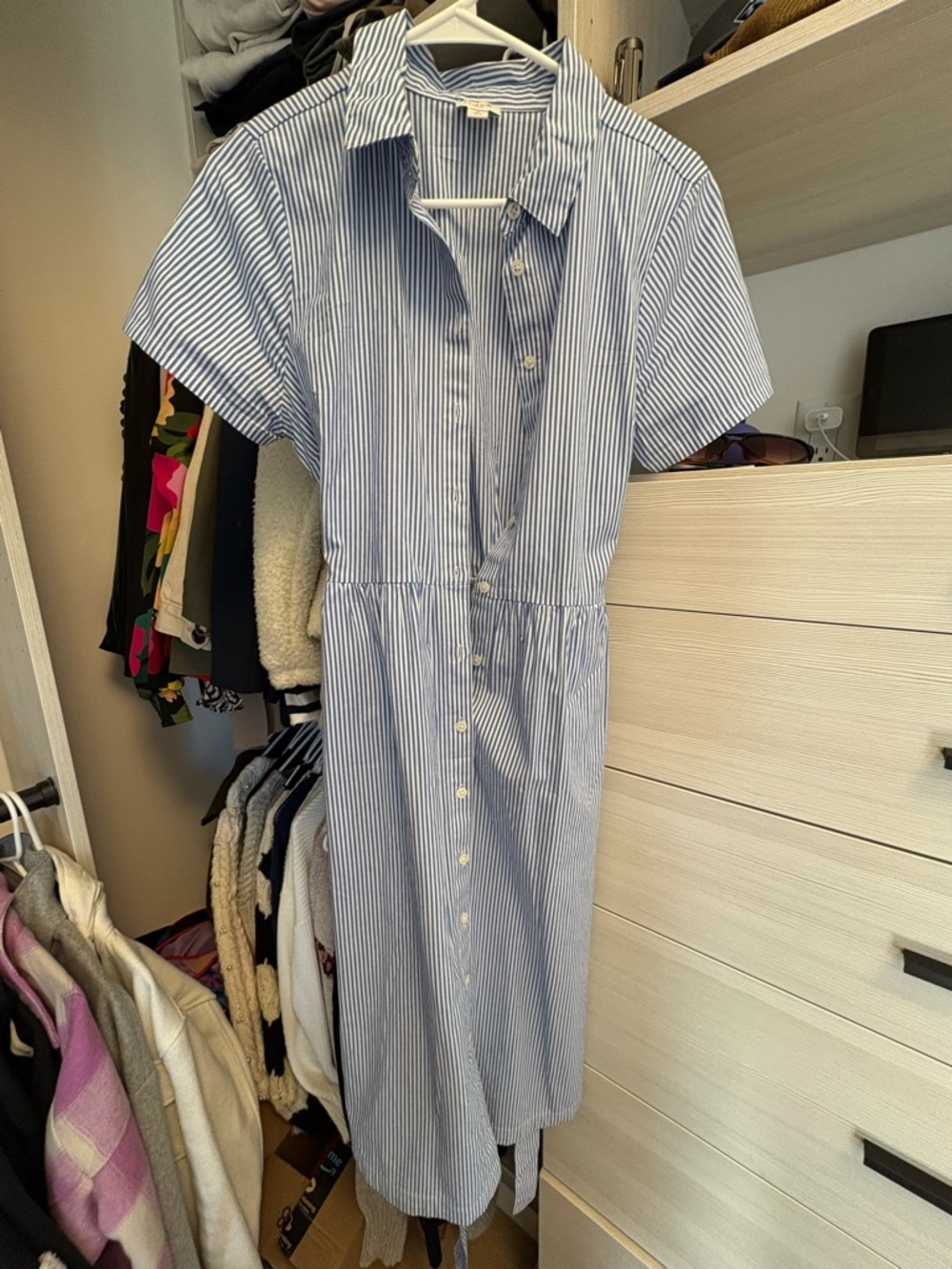 J. Crew Blue and White Striped Midi Shirt Dress